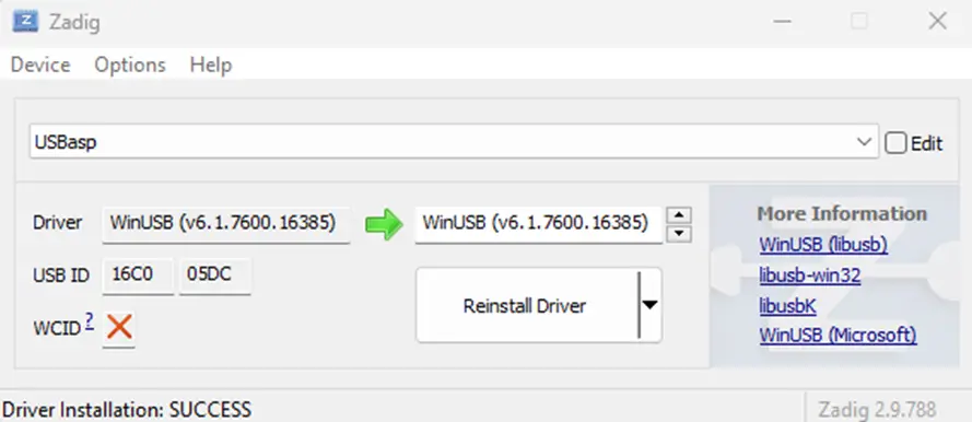 Program Zadig sterowniki do programatora ISP USBasp