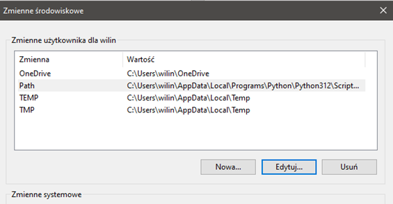 Ustawienia ścieżki w Zmiennych środowiskowych systemu windows python
