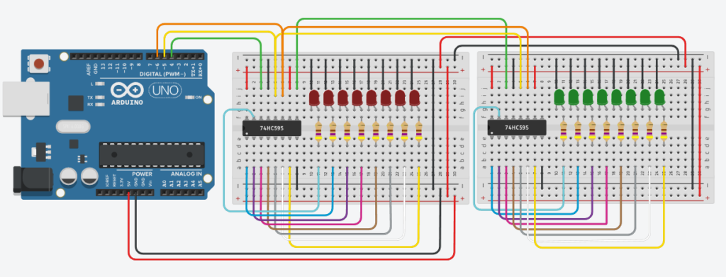 Podłączenie 2 rejestrów przesuwnych 74HC595 z Arduino