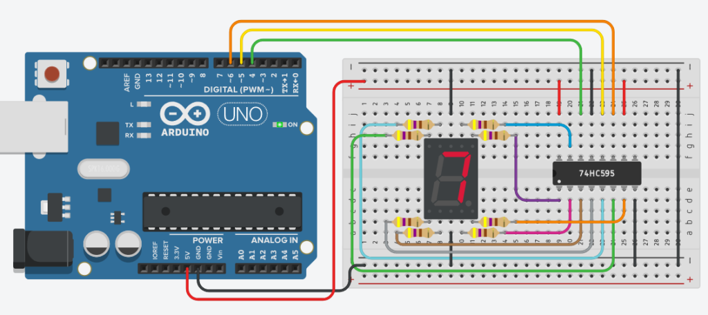 Połączenie wyświetlacza 7 segmentowego i 74HC595 z Arduino