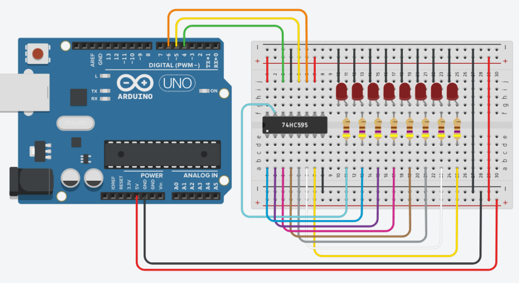 Podłączenie rejestru przesuwnego 74HC595 z Arduino